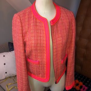 J. Crew Coral Pink Tweed Zip Jacket with Neon Trim